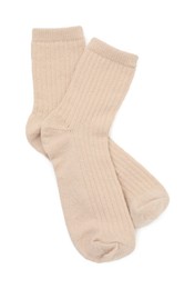 Photo of Pair of soft socks isolated on white, top view