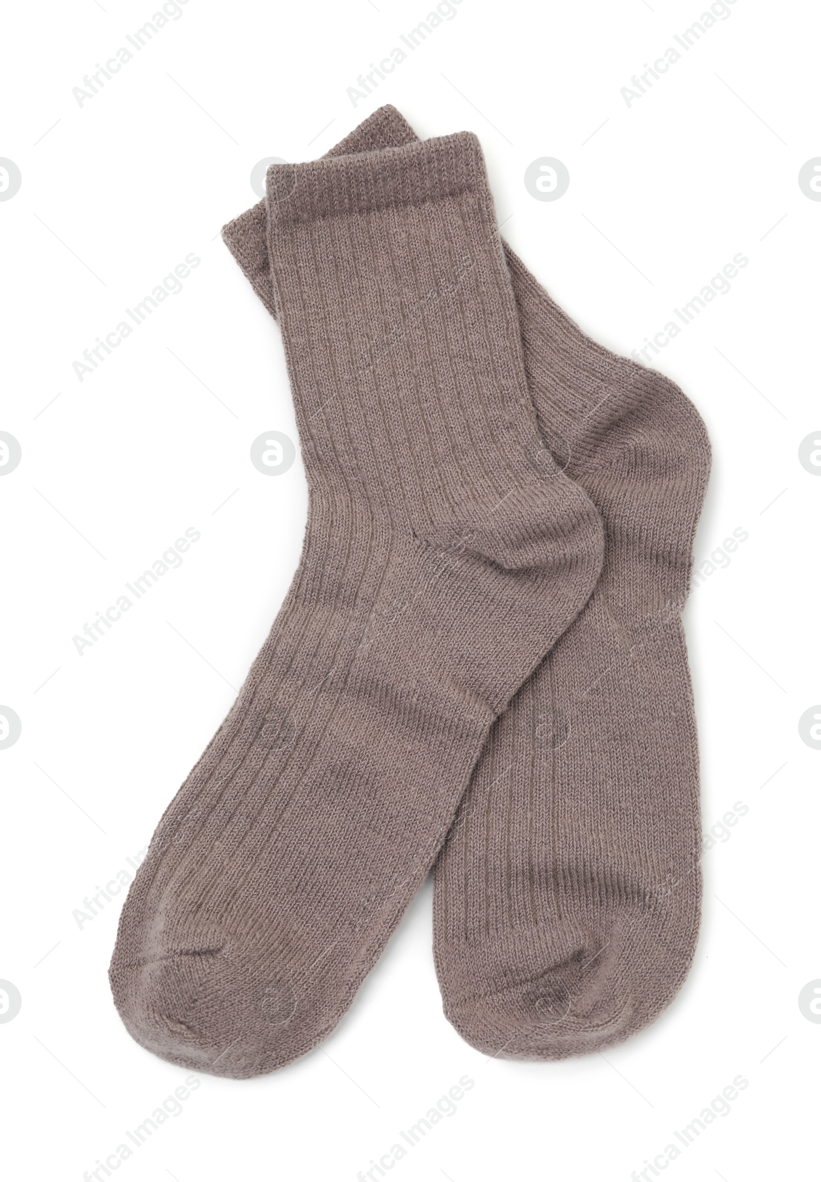 Photo of Pair of soft socks isolated on white, top view