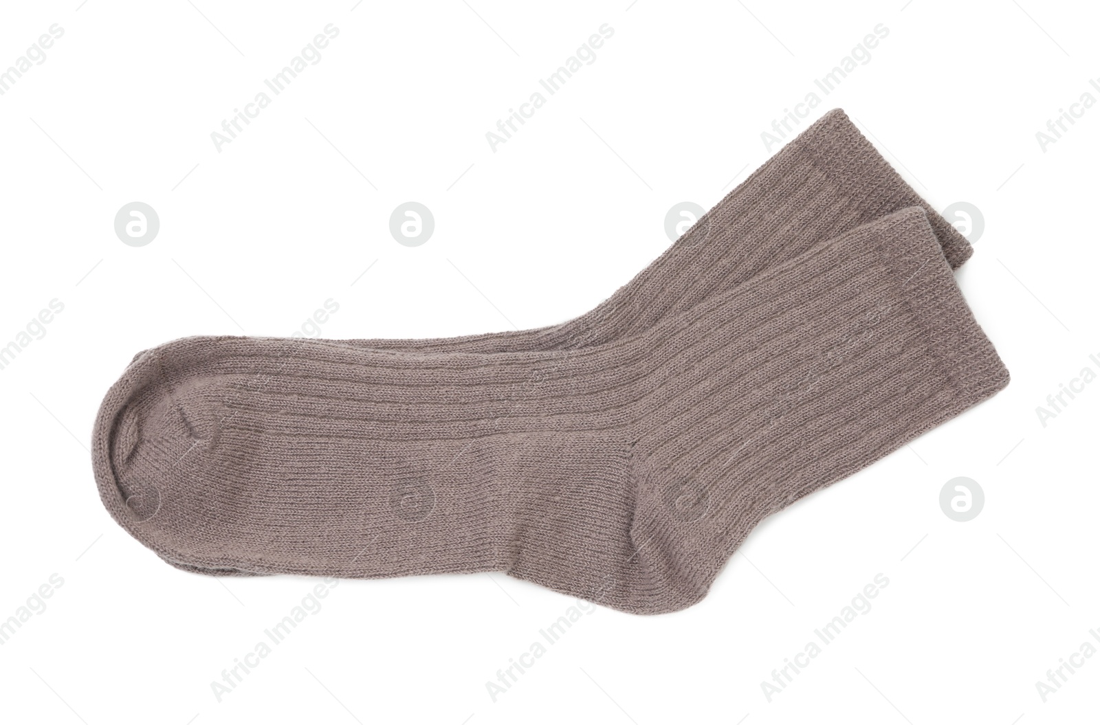 Photo of Pair of soft socks isolated on white, top view