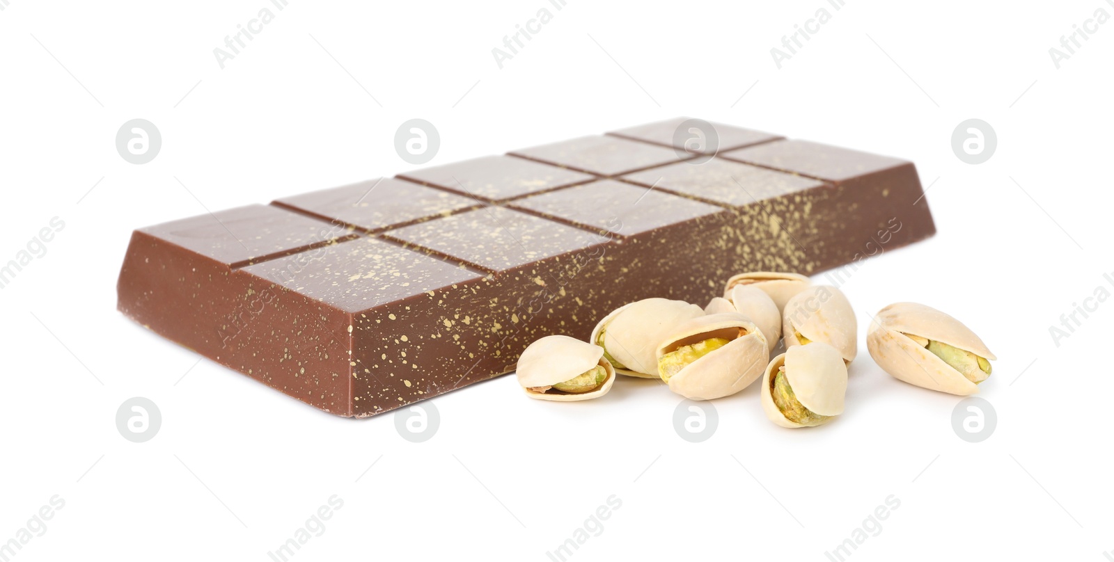 Photo of Dubai chocolate bar with pistachios and knafeh isolated on white