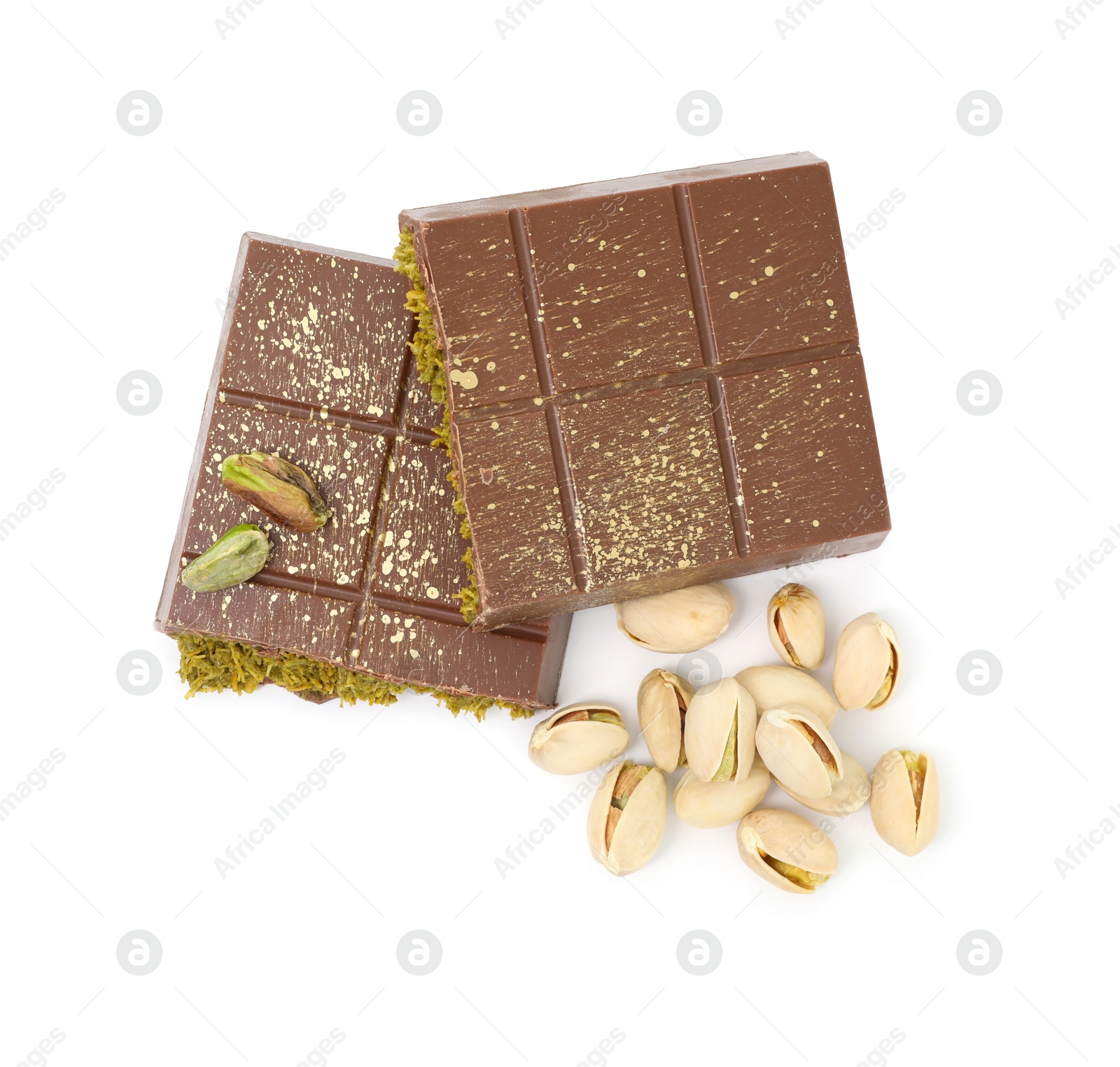 Photo of Pieces of tasty Dubai chocolate bar with pistachios and knafeh isolated on white, top view