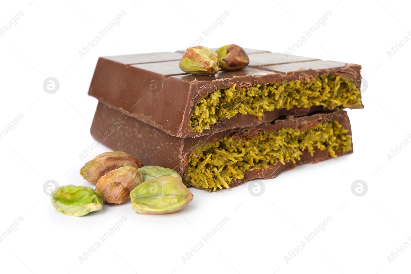 Photo of Pieces of tasty Dubai chocolate with pistachios and knafeh isolated on white