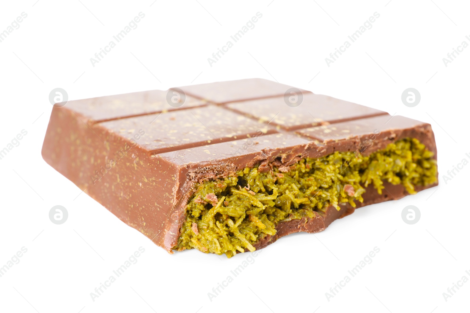 Photo of Piece of tasty Dubai chocolate with pistachios and knafeh isolated on white