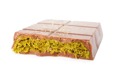 Photo of Piece of tasty Dubai chocolate with pistachios and knafeh isolated on white