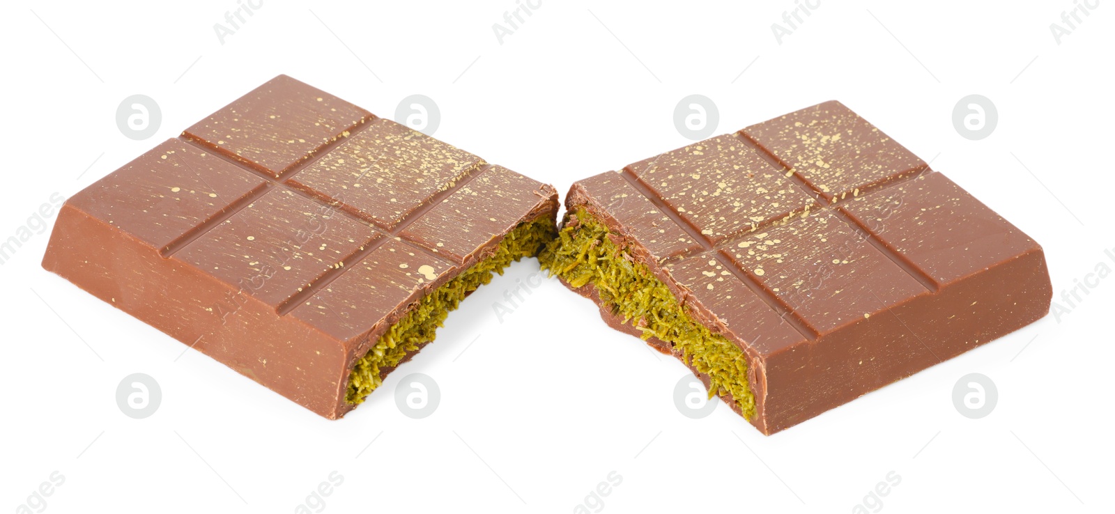 Photo of Pieces of tasty Dubai chocolate with pistachios and knafeh isolated on white