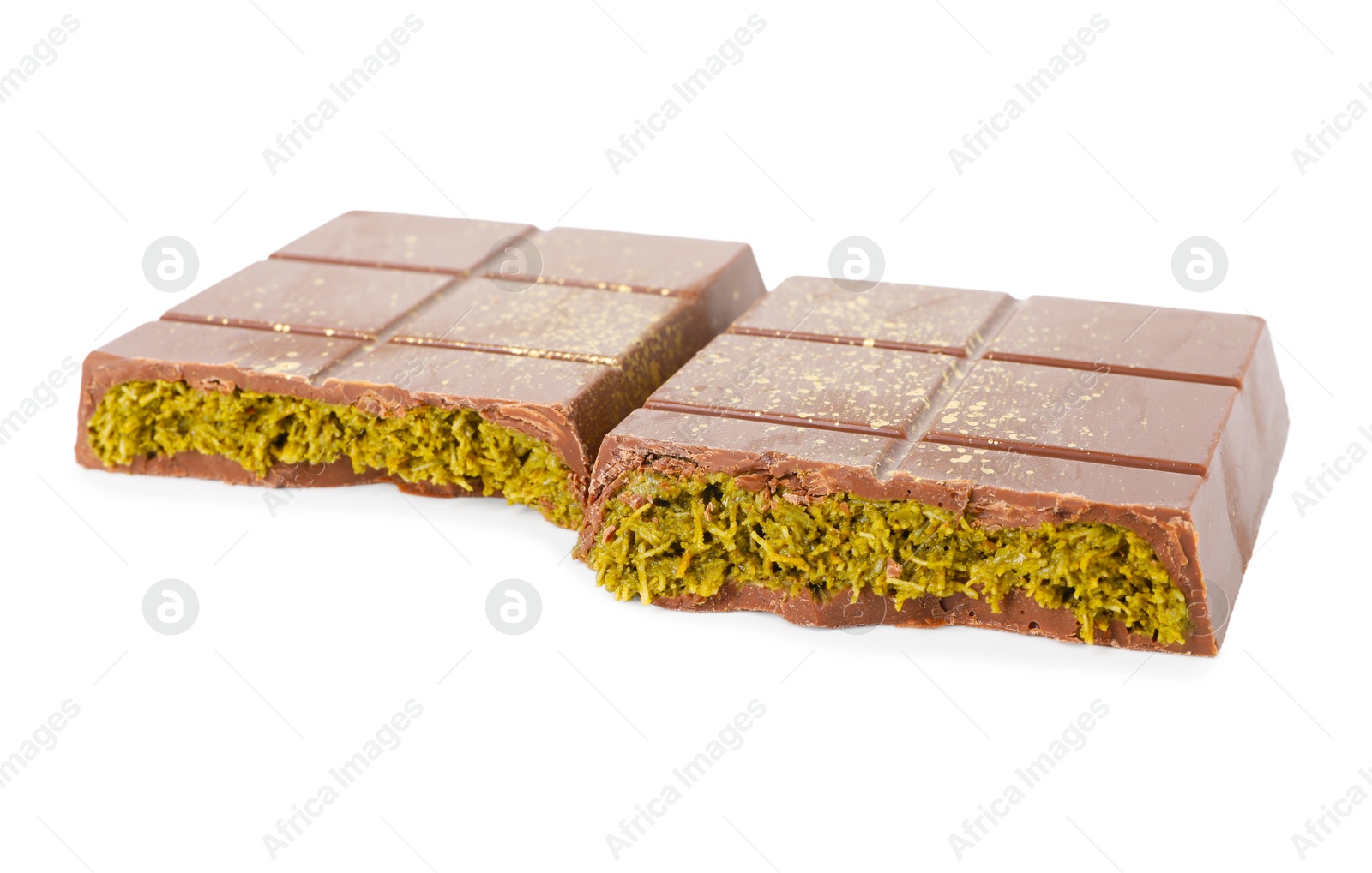 Photo of Pieces of tasty Dubai chocolate with pistachios and knafeh isolated on white