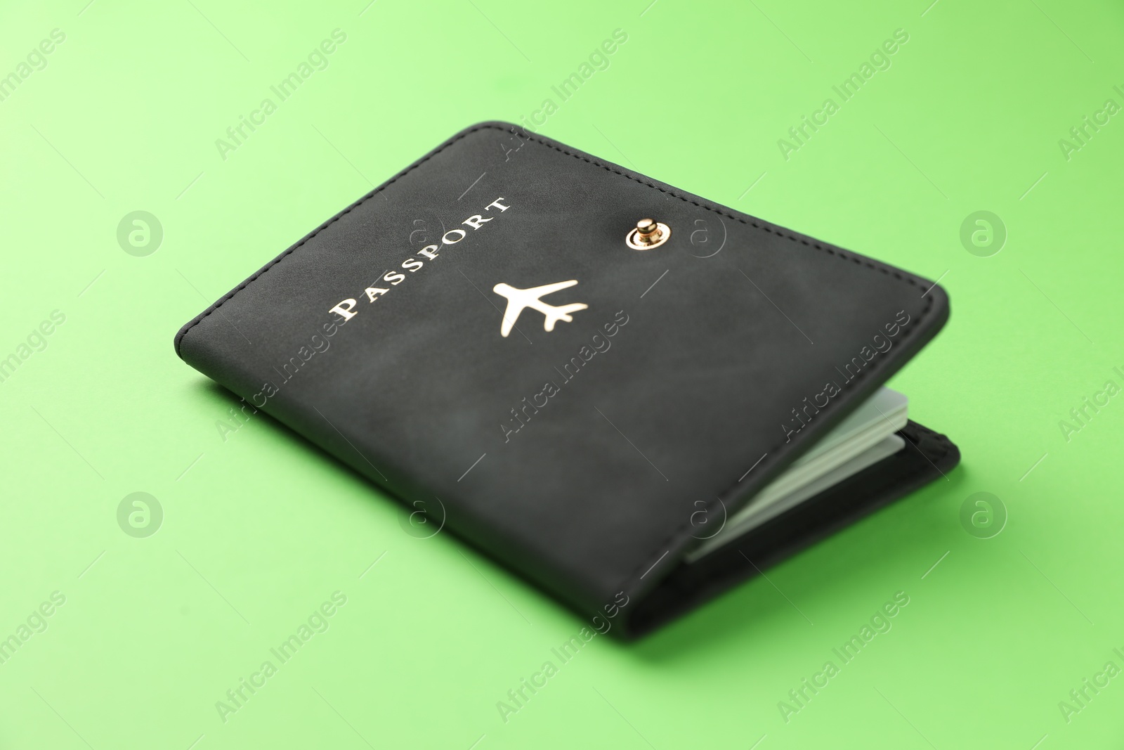 Photo of Passport in black cover on green background, closeup