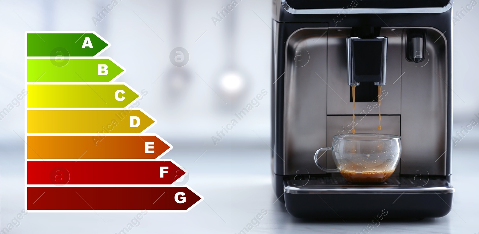 Image of Energy efficiency rating of home appliances. Electric espresso machine making coffee on white countertop in kitchen, banner design