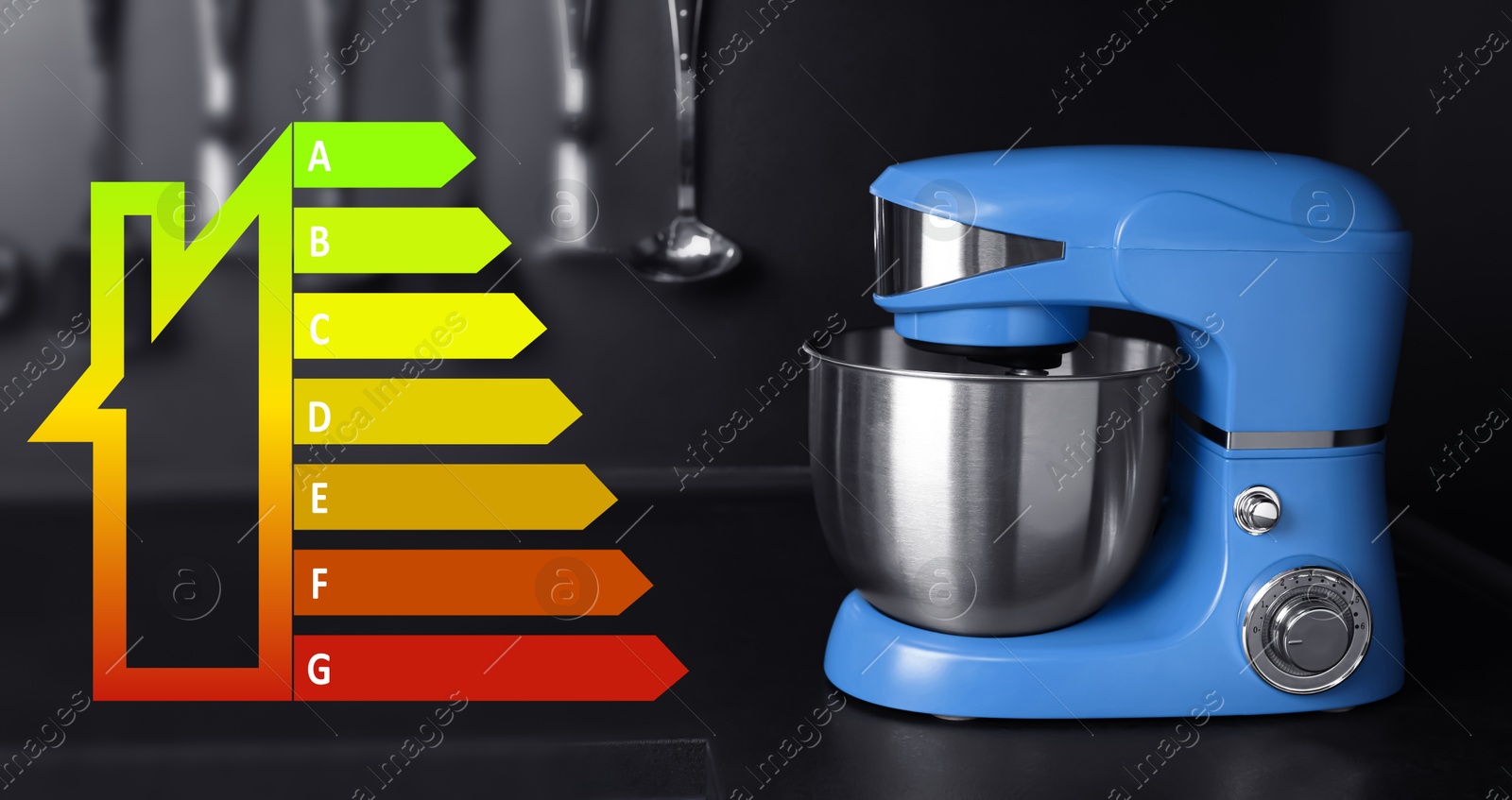 Image of Energy efficiency rating of home appliances. Blue stand mixer on countertop in kitchen, banner design