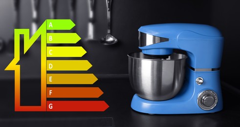 Image of Energy efficiency rating of home appliances. Blue stand mixer on countertop in kitchen, banner design