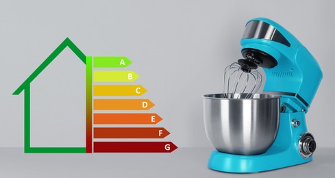 Image of Energy efficiency rating of home appliances. Blue stand mixer on grey background, banner design