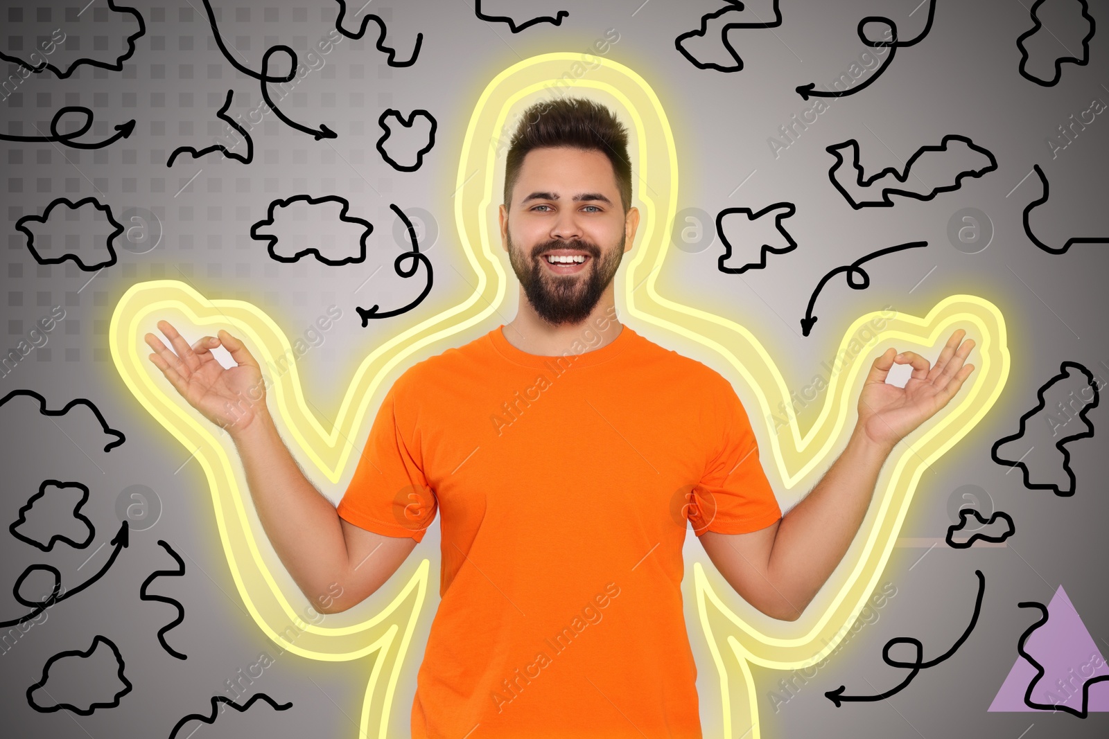 Image of Happy man meditating on grey background. Outline (psychological resilience) protecting him from stress (black scribbles)