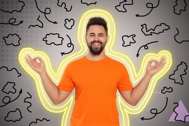 Image of Happy man meditating on grey background. Outline (psychological resilience) protecting him from stress (black scribbles)