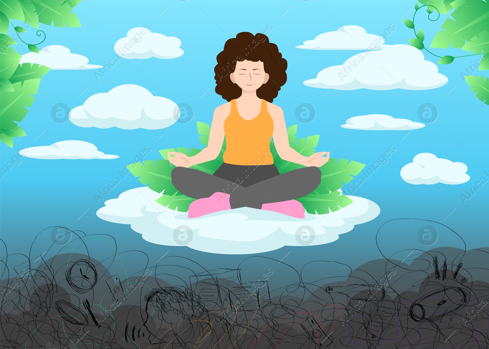 Illustration of Coping with crisis and stress, psychological resilience. Woman meditating on cloud over messy heap, illustration