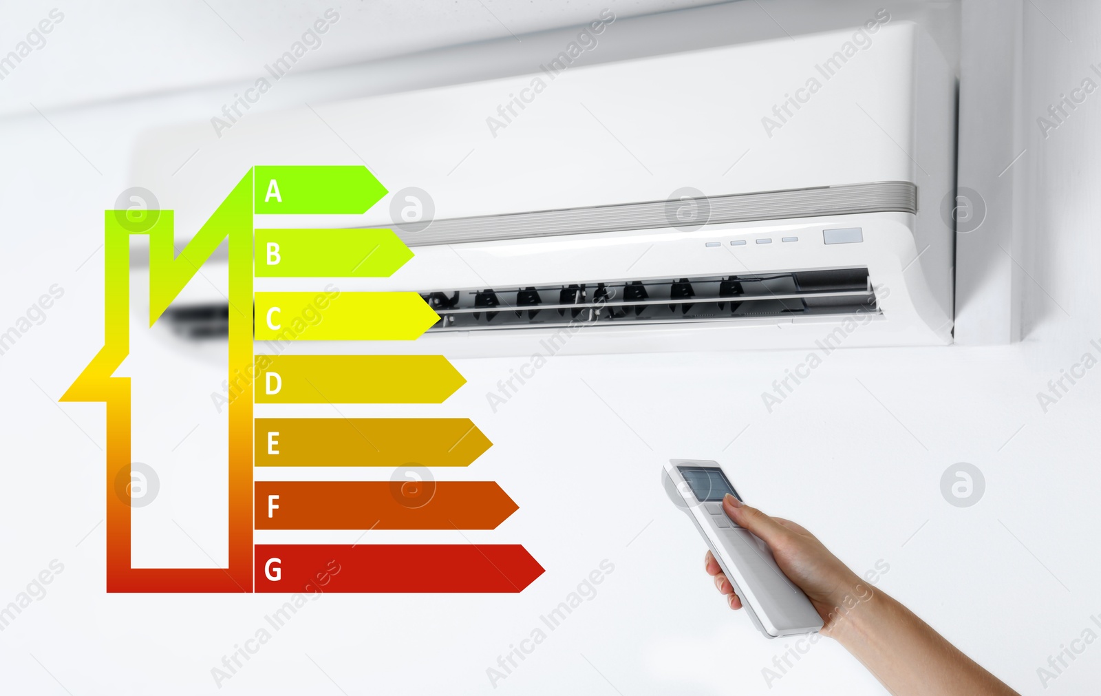 Image of Energy efficiency rating of home appliances. Woman operating air conditioner with remote control indoors, closeup