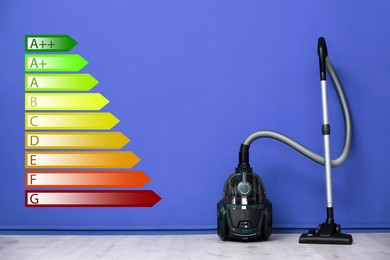 Image of Energy efficiency rating of home appliances. Modern vacuum cleaner near blue wall indoors