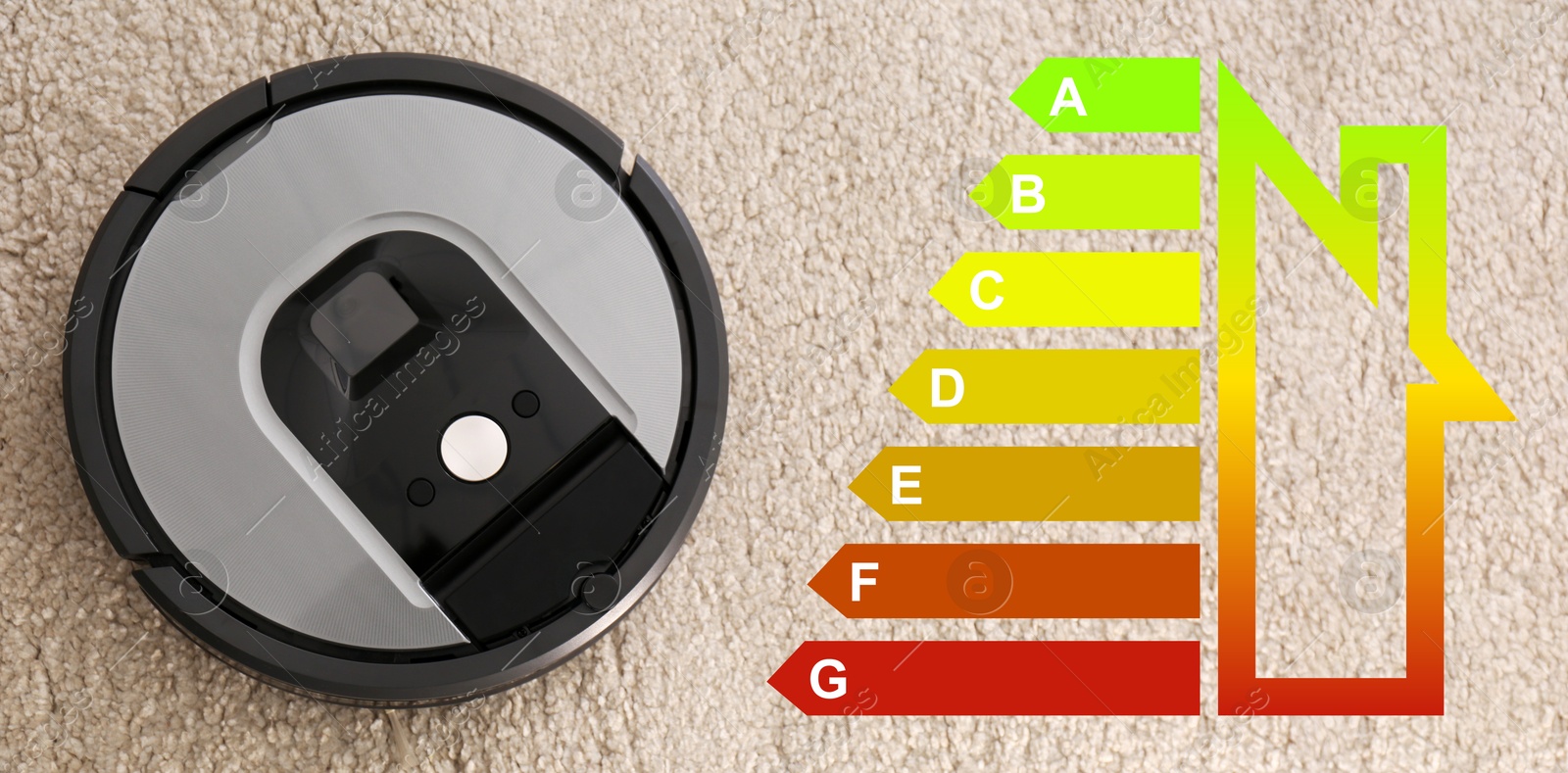 Image of Energy efficiency rating of home appliances. Modern robotic vacuum cleaner on beige carpet, top view. Banner design