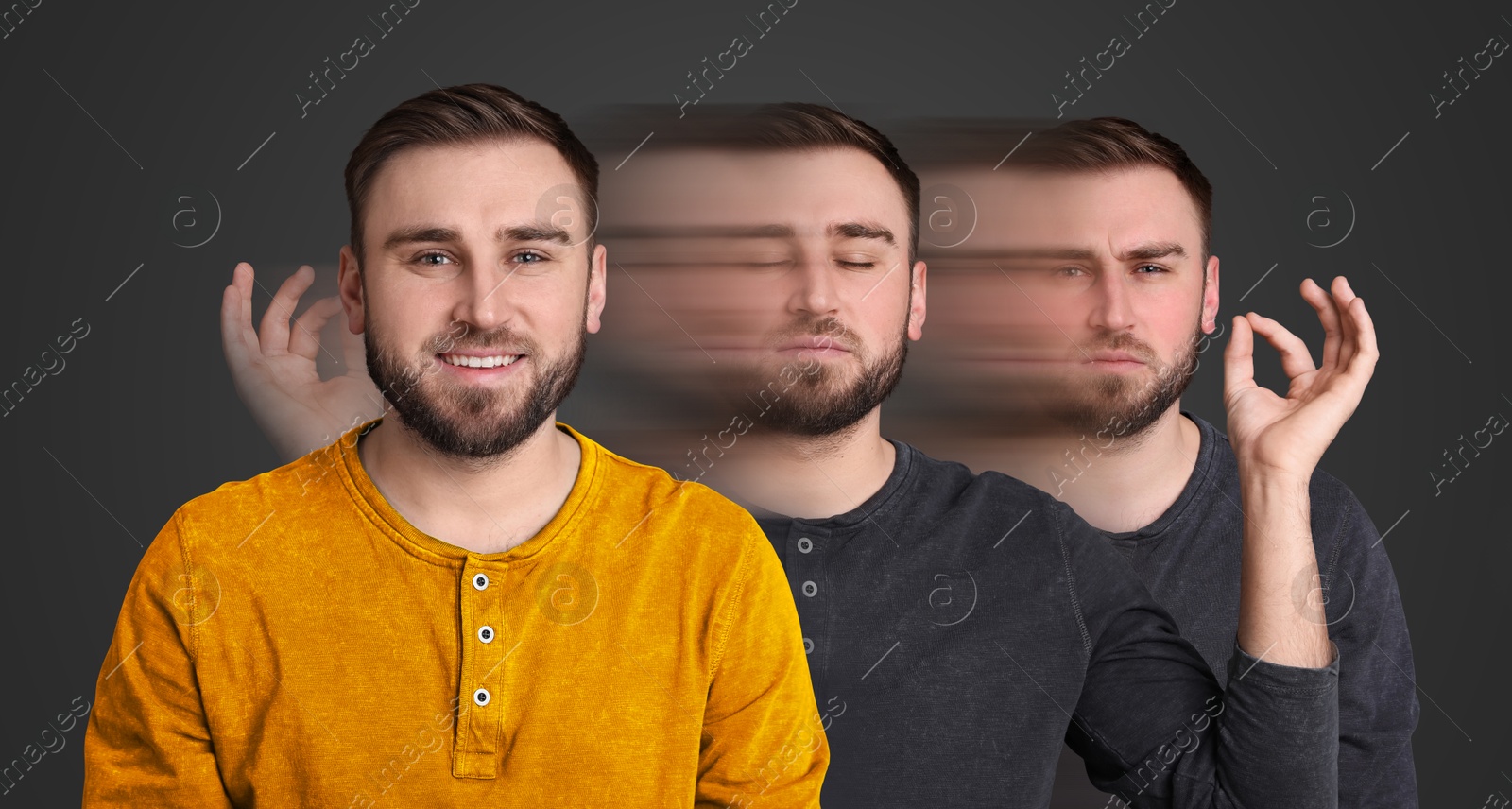 Image of Young man coping with stress by meditation on grey background, motion blur effect. Psychological resilience