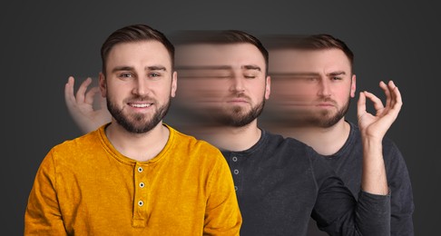 Image of Young man coping with stress by meditation on grey background, motion blur effect. Psychological resilience