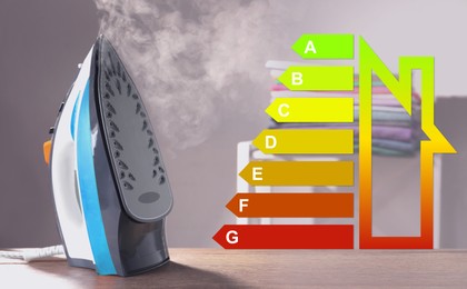 Image of Energy efficiency rating of home appliances. Iron with steam on table indoors