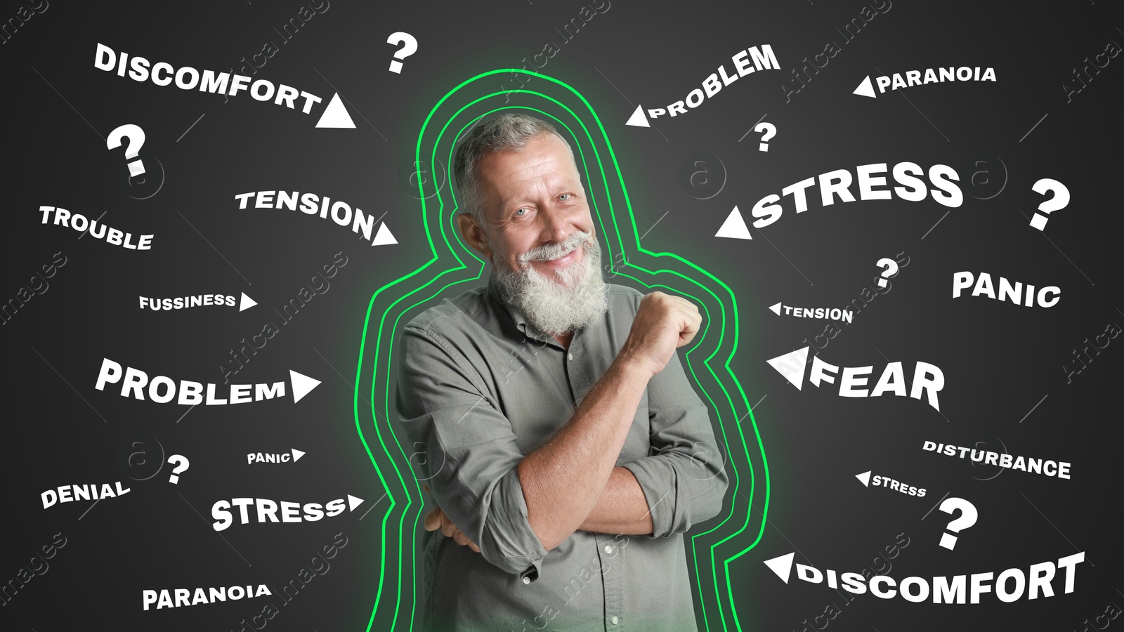 Image of Happy senior man staying positive on grey background, banner design. Outline (psychological resilience) protecting him from stress (words)