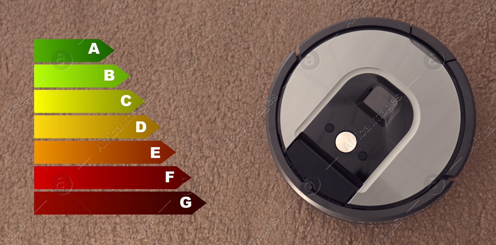 Image of Energy efficiency rating of home appliances. Modern robotic vacuum cleaner on light brown carpet, top view. Banner design