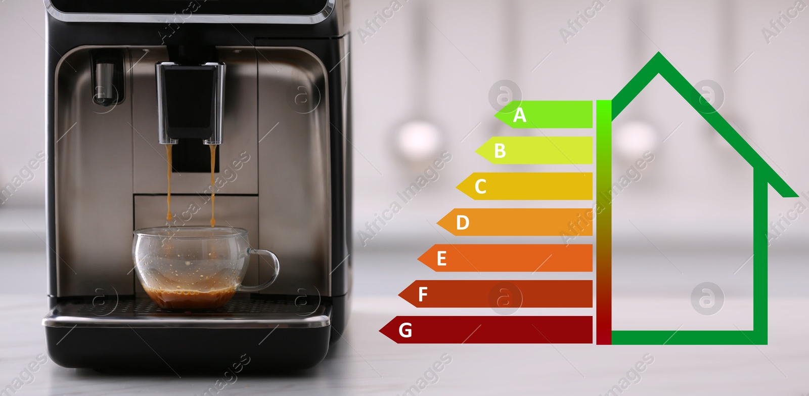 Image of Energy efficiency rating of home appliances. Electric espresso machine making coffee on white countertop in kitchen, banner design