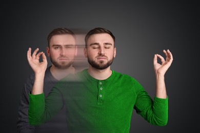 Image of Young man shifting from anxiety to calm with help of meditation on grey background, motion blur effect. Psychological resilience