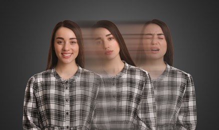 Image of Young woman coping with crisis and negative emotions on grey background, motion blur effect. Psychological resilience