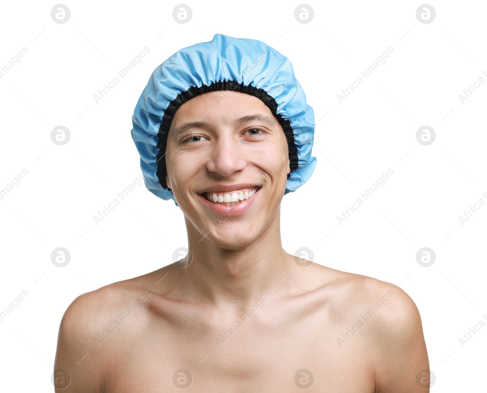 Photo of Happy man in blue shower cap on white background