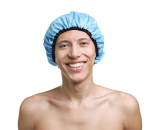 Photo of Happy man in blue shower cap on white background