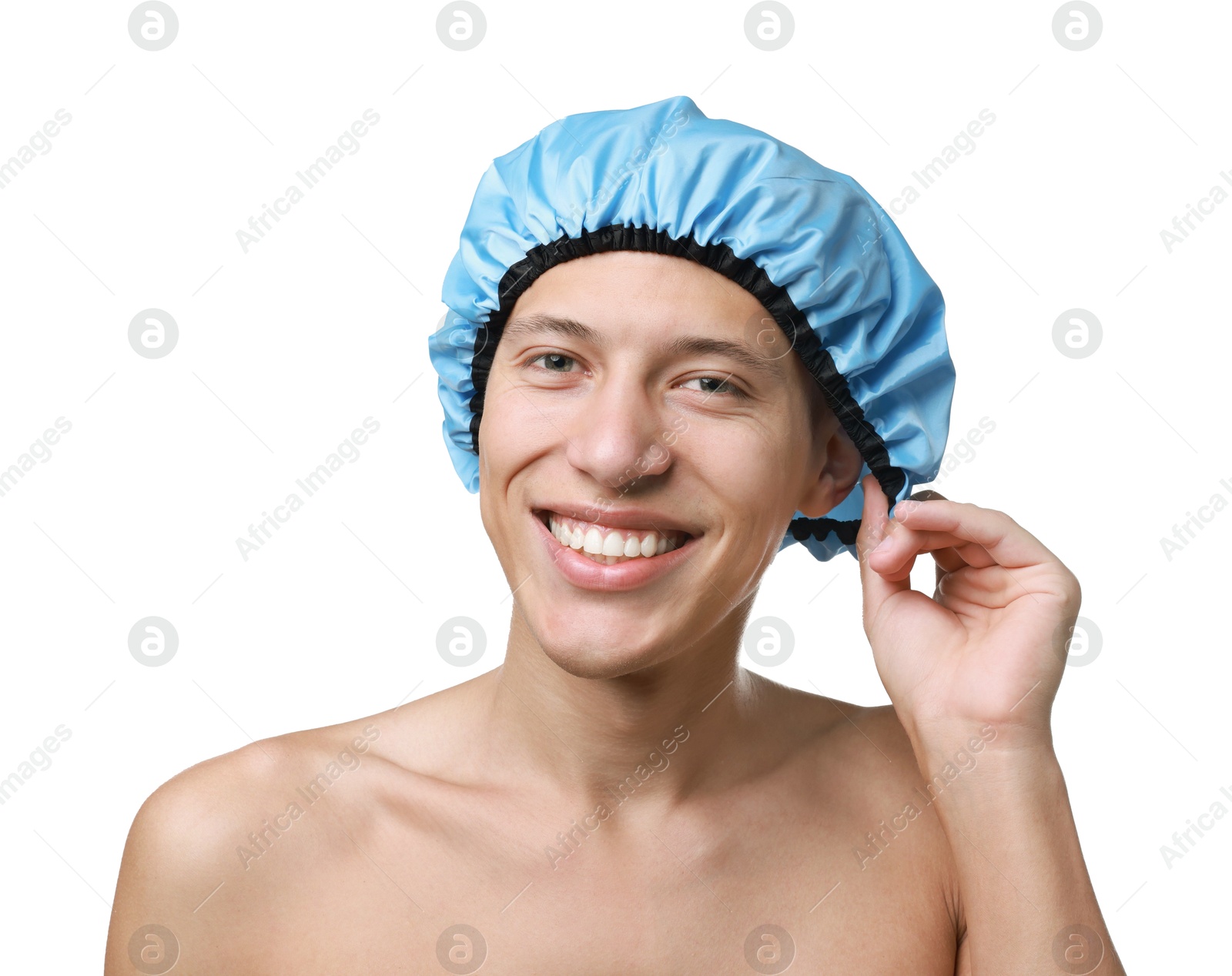 Photo of Happy man in blue shower cap on white background