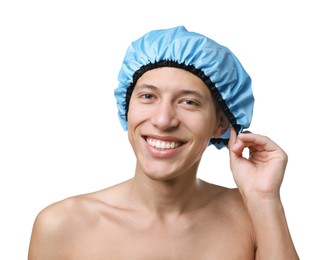 Photo of Happy man in blue shower cap on white background