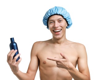 Photo of Happy man in blue shower cap with shampoo on white background