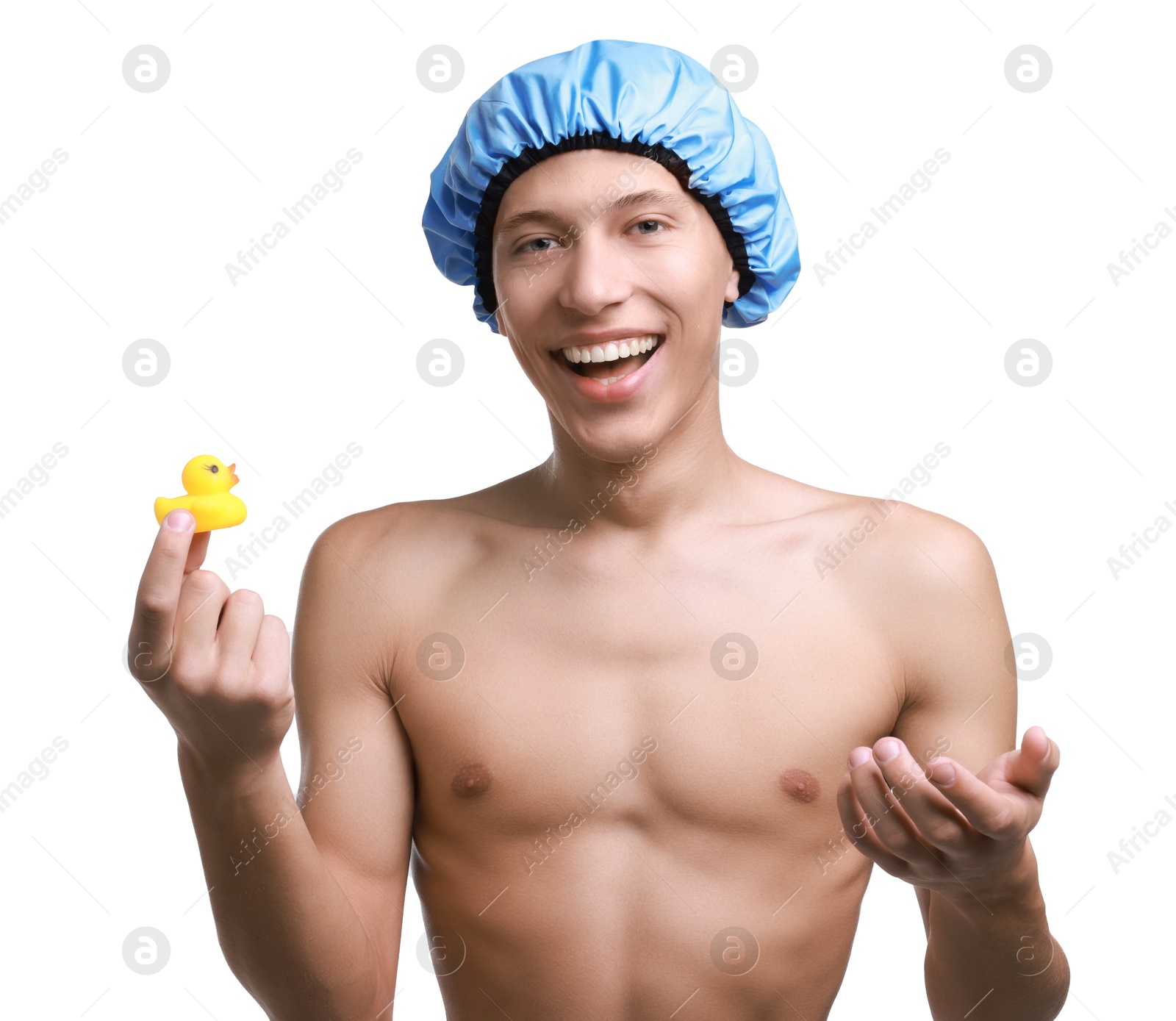 Photo of Happy man with blue shower cap and bath duck on white background