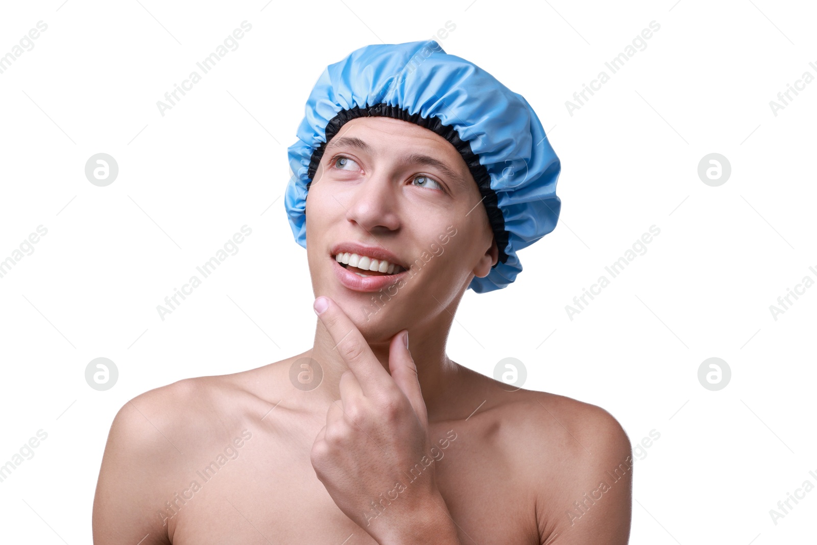 Photo of Happy man in blue shower cap on white background