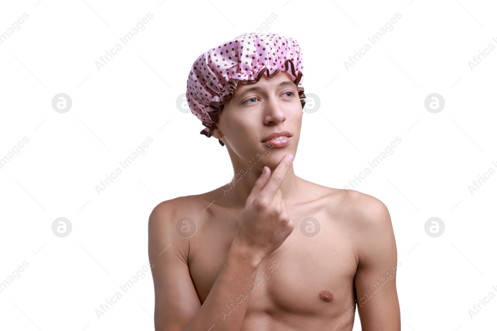 Photo of Man in pink shower cap on white background