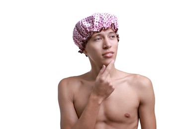 Photo of Man in pink shower cap on white background