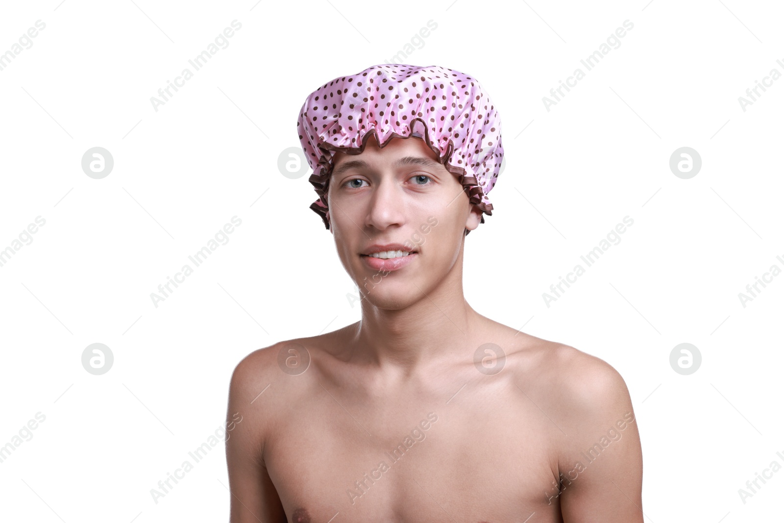 Photo of Man in pink shower cap on white background