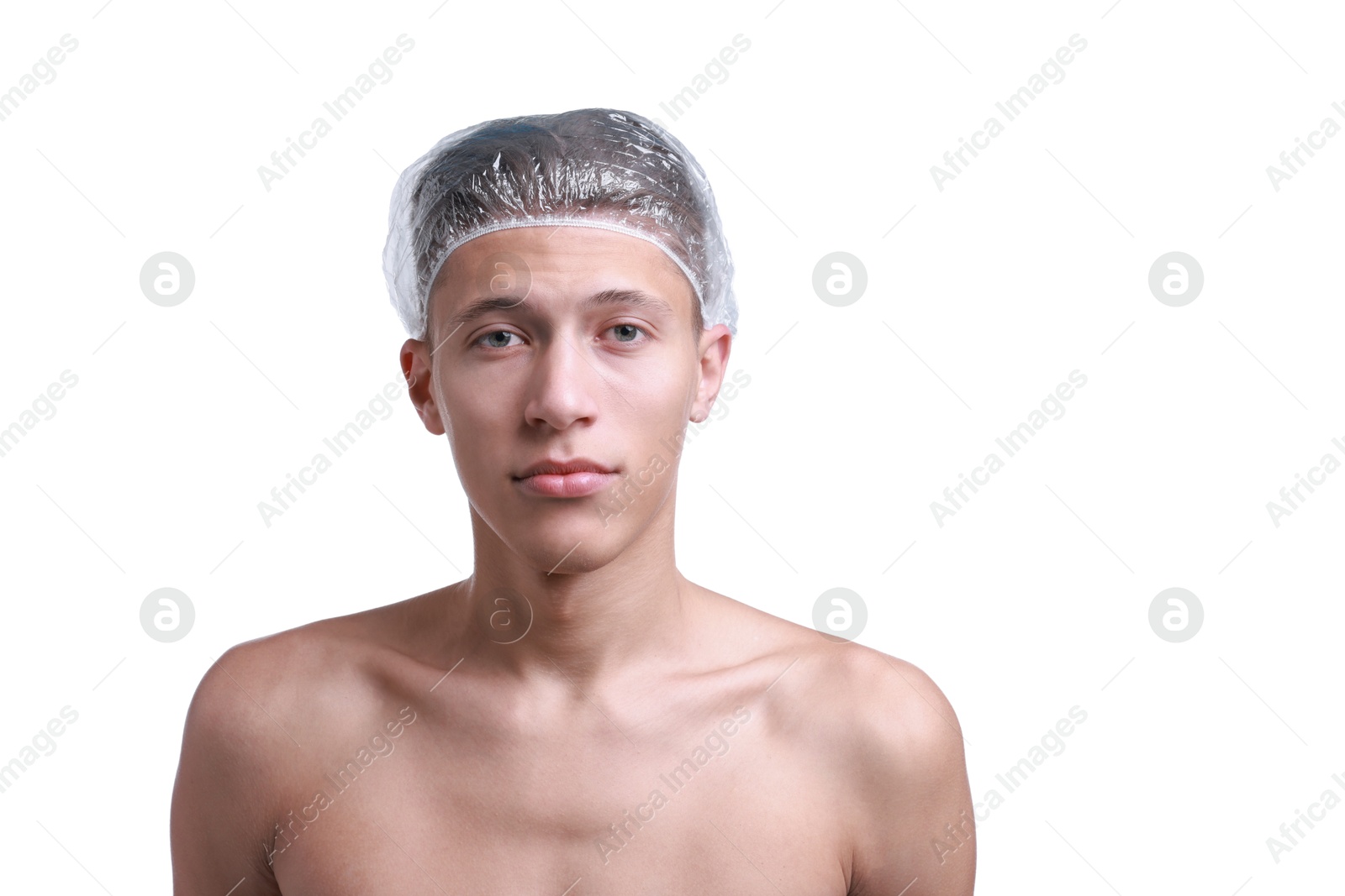 Photo of Man in shower cap on white background