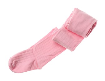 Photo of Pink child's tights isolated on white, top view