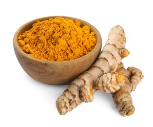 Photo of Bowl of aromatic turmeric powder and raw roots isolated on white