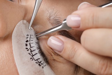 Young woman undergoing lash extensions procedure, closeup