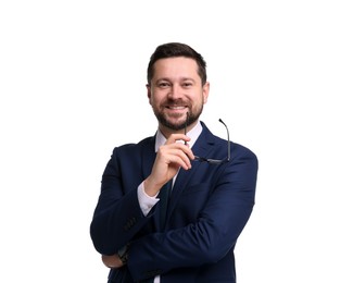 Photo of Portrait of banker with glasses on white background