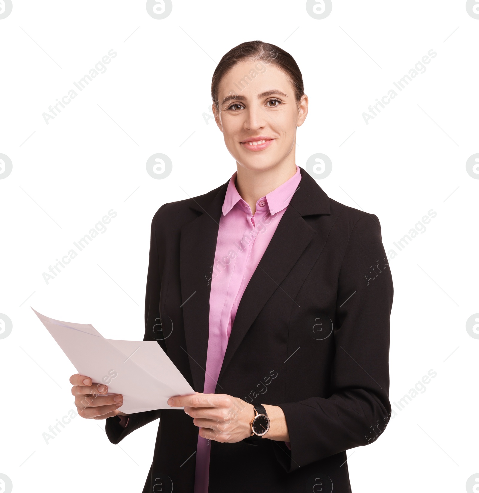 Photo of Portrait of banker with documents on white background