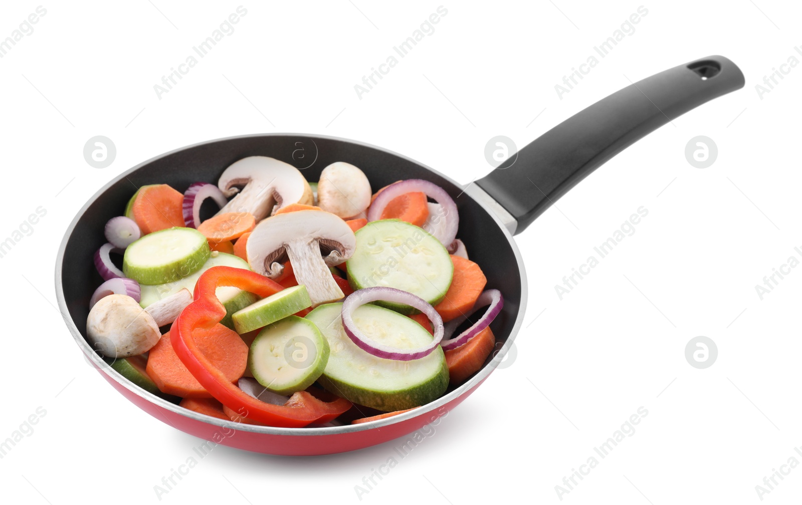 Photo of Frying pan with mix of fresh vegetables and mushrooms isolated on white