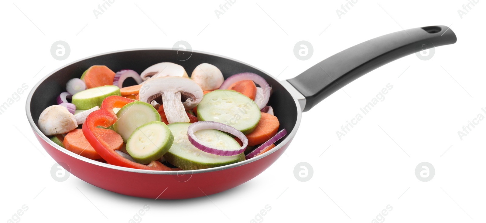 Photo of Frying pan with mix of fresh vegetables and mushrooms isolated on white