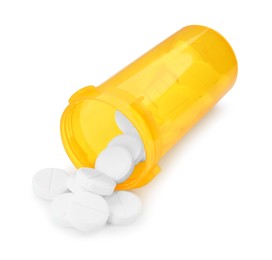 Photo of Medical bottle with antibiotic pills isolated on white