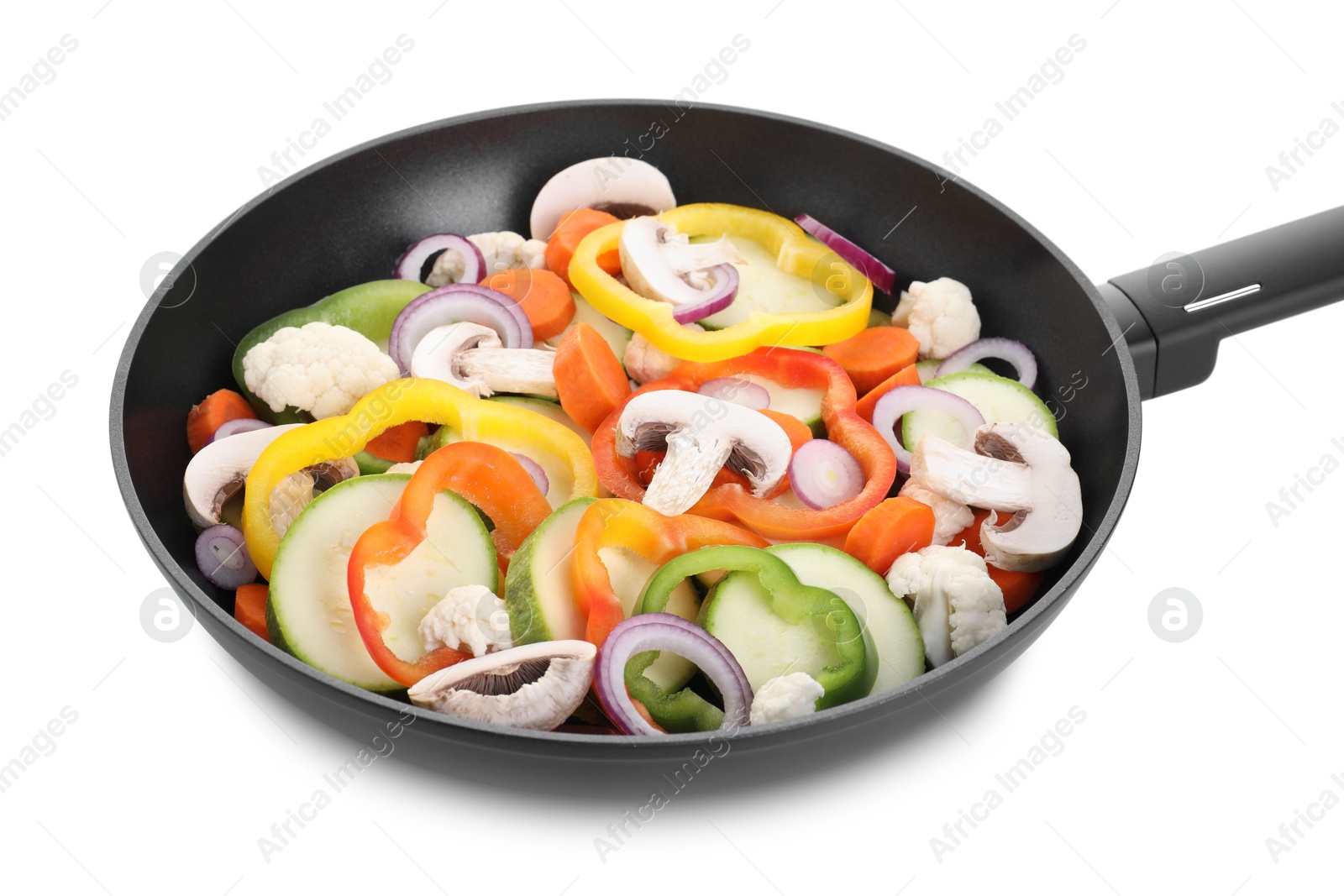 Photo of Frying pan with mix of vegetables and mushrooms isolated on white