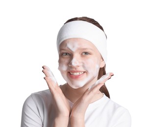 Teenage girl washing her face with cleanser on white background. Cosmetic product